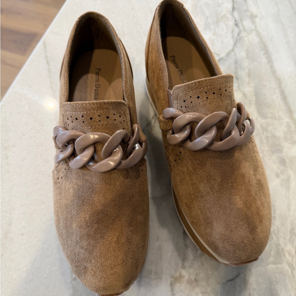 Brand New Pierre Dumas Brown Suede Platform Shoes with Chain Accent